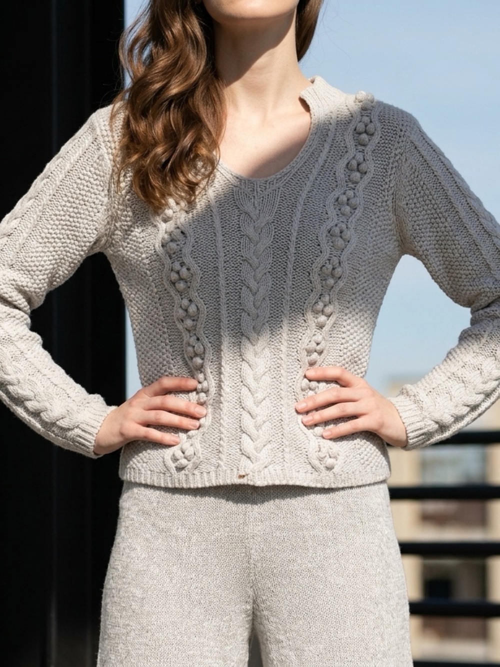 WinterSilks Silk Cotton Cable Knit Bobble Sweater Cream Petite Medium PM V-Neck